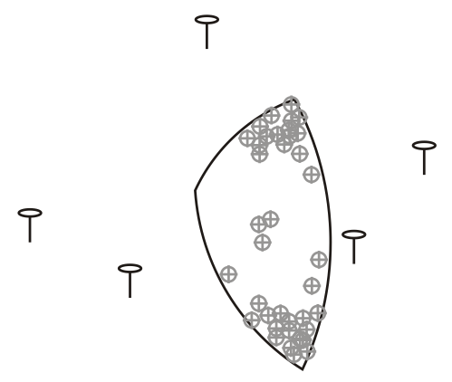Рисунок 9. Различие результатов определения локаций в зависимости от выбора базовых станций для измерения